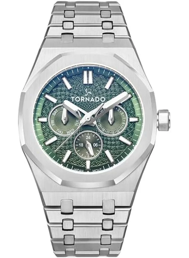 تورنيدو Tornado Aurora Men's Miyota 6P29 Movement Watch, Multi Function Display and Stainless Steel Brushed Bracelet Strap - T23104-SBSH, Silver