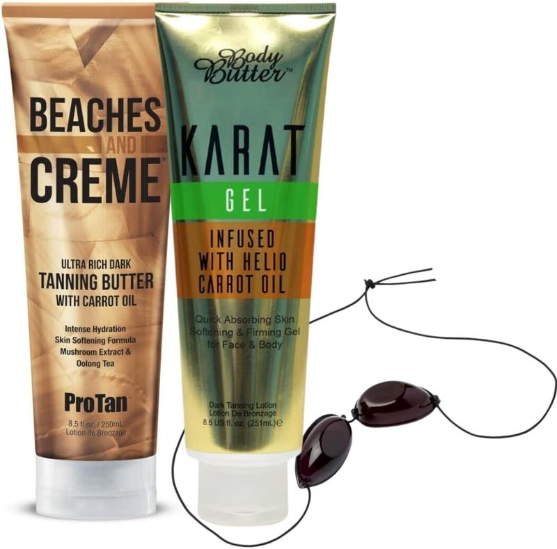 Pro Tan Beaches Creme Tanning Butter 250ml Body Butter Karat Gel 251ml One Pair Sunbed Eye Goggles