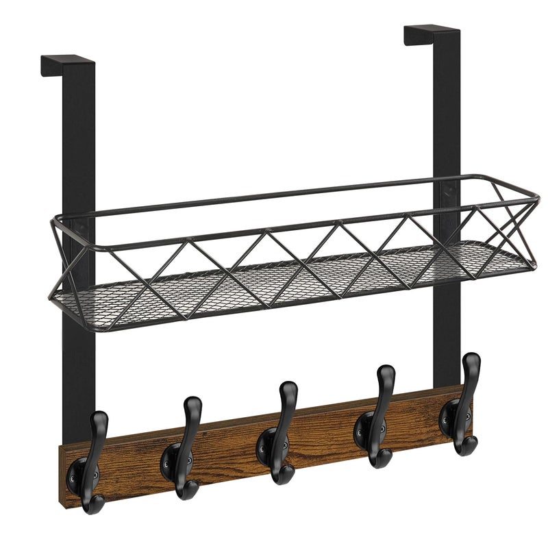 YINMIT Over The Door Hooks Organizer, Over The Door Hanger with Basket, Over The Door Towel Rack with 5 Metal Hooks, Over Door Hanger for Bathroom, Bedroom, Kitchen - Image 1
