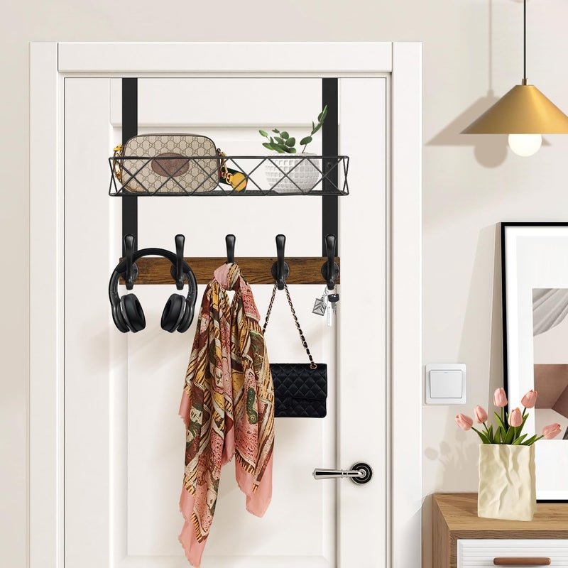 YINMIT Over The Door Hooks Organizer, Over The Door Hanger with Basket, Over The Door Towel Rack with 5 Metal Hooks, Over Door Hanger for Bathroom, Bedroom, Kitchen - Image 2