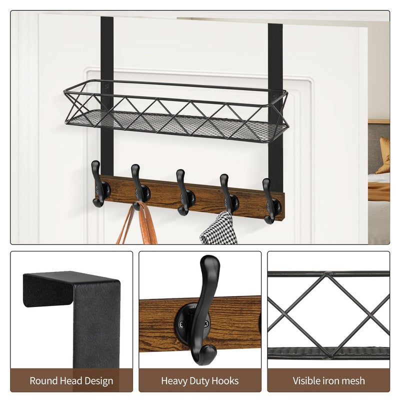 YINMIT Over The Door Hooks Organizer, Over The Door Hanger with Basket, Over The Door Towel Rack with 5 Metal Hooks, Over Door Hanger for Bathroom, Bedroom, Kitchen - Image 3