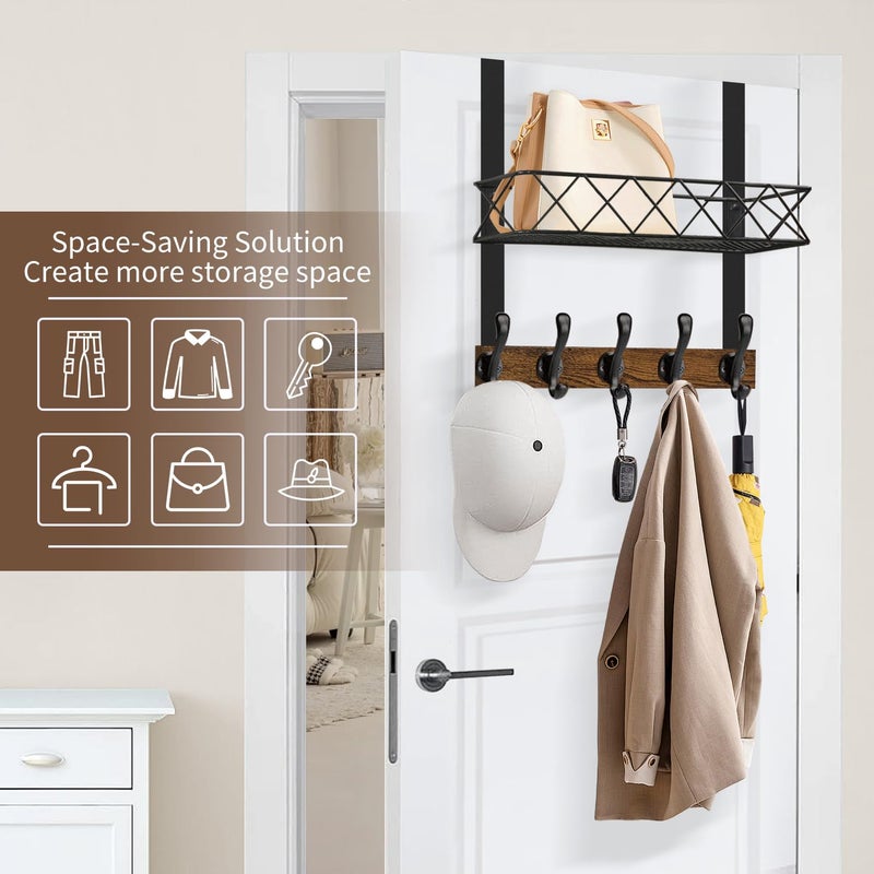 YINMIT Over The Door Hooks Organizer, Over The Door Hanger with Basket, Over The Door Towel Rack with 5 Metal Hooks, Over Door Hanger for Bathroom, Bedroom, Kitchen - Image 4