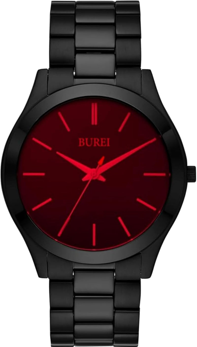 BUREI Men's Watch, Fashion Analog Quartz, Dress Business Stainless Steel Waterproof，Watch for Men (Black+red) - Image 1