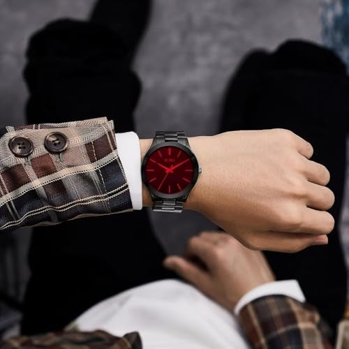 BUREI Men's Watch, Fashion Analog Quartz, Dress Business Stainless Steel Waterproof，Watch for Men (Black+red) - Image 5