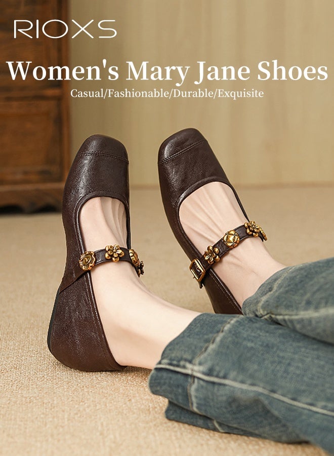 RIOXS Women's Mary Jane Shoes, Internal Increase Shoes, Retro Style Shoes For Women, Square Toe Dressy Shoes, Ladies Ballet Shoes, Hidden Heel Mary Jane Shoes, Comfortable Shoes For Work/ Party/ Daily Leisure- Bromn Mary Jane Shoes  - Image 2