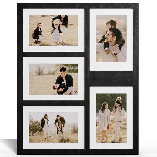 YESKAY 4x6 or 5x7 Picture Frames Black Rustic Wooden Frame with Real Glass Displays Pictures Five 4x6 with Mat or 5Pcs 5x7 without Mat for Wall Mounting Photo Collage Frame - Image 1