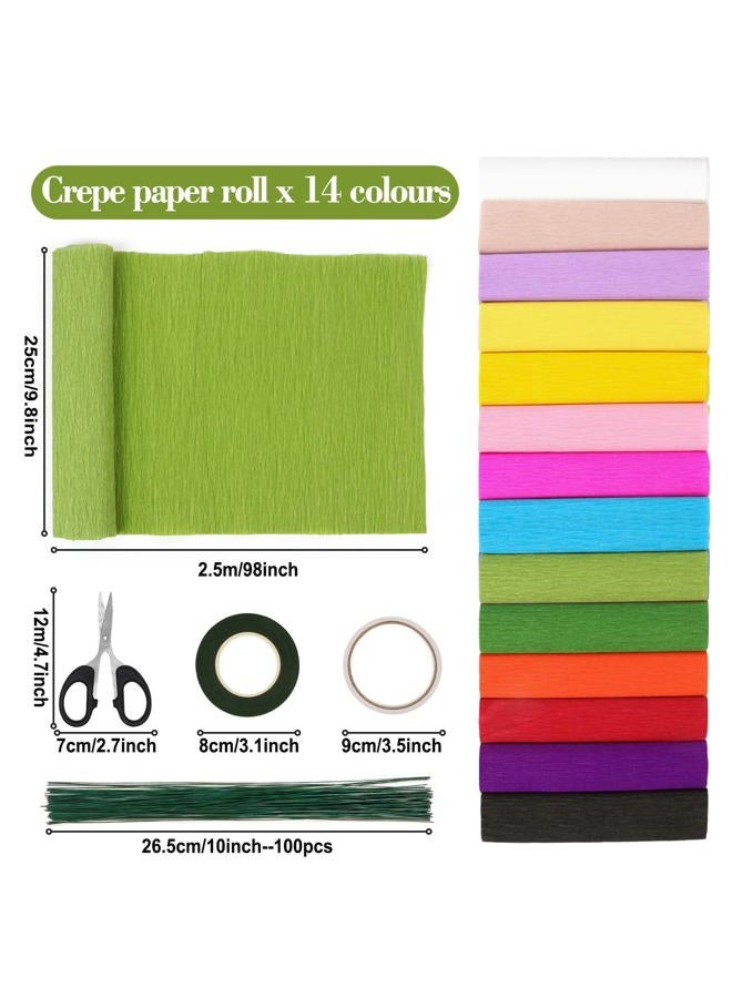 Srapwati 14 Rolls Crepe Paper Rolls, 9.8 Inch x 8.2 Feet Rainbow crepe paper flowers with Floral band、double-sided tape、100 Pcs Green Floral Iron Wire, and scissors for Birthday Party Wedding Festival Ornament - Image 4