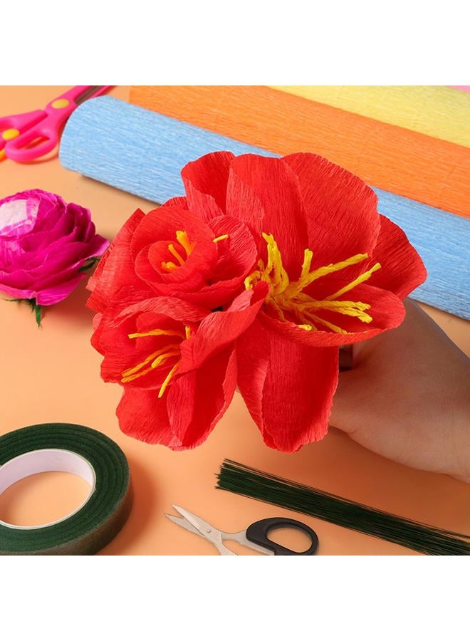 Srapwati 14 Rolls Crepe Paper Rolls, 9.8 Inch x 8.2 Feet Rainbow crepe paper flowers with Floral band、double-sided tape、100 Pcs Green Floral Iron Wire, and scissors for Birthday Party Wedding Festival Ornament - Image 3