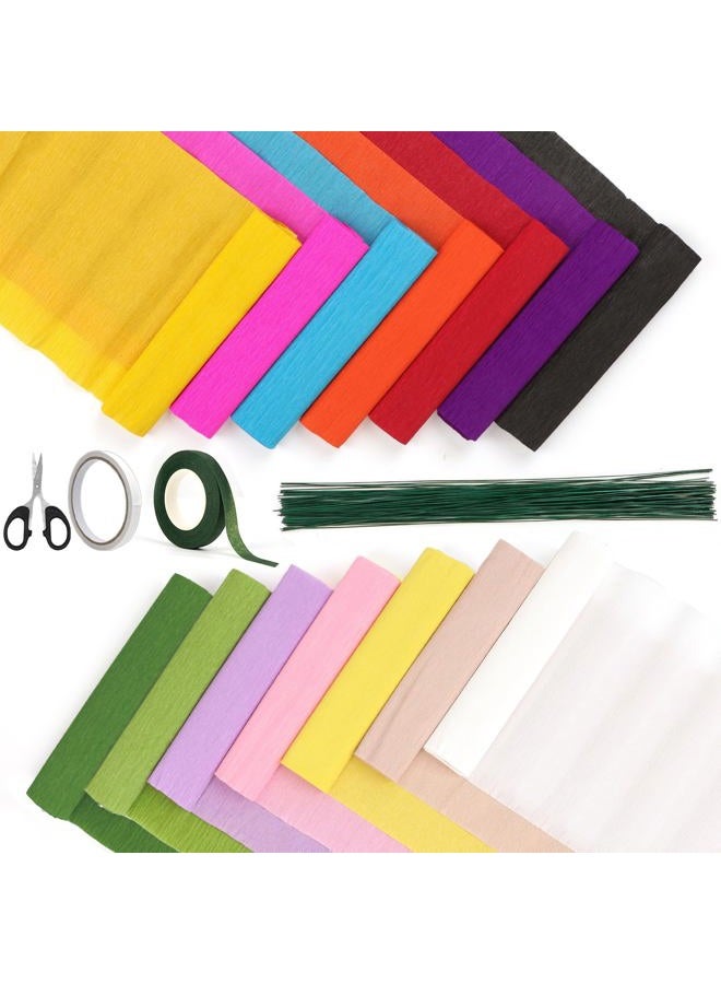 Srapwati 14 Rolls Crepe Paper Rolls, 9.8 Inch x 8.2 Feet Rainbow crepe paper flowers with Floral band、double-sided tape、100 Pcs Green Floral Iron Wire, and scissors for Birthday Party Wedding Festival Ornament - Image 1