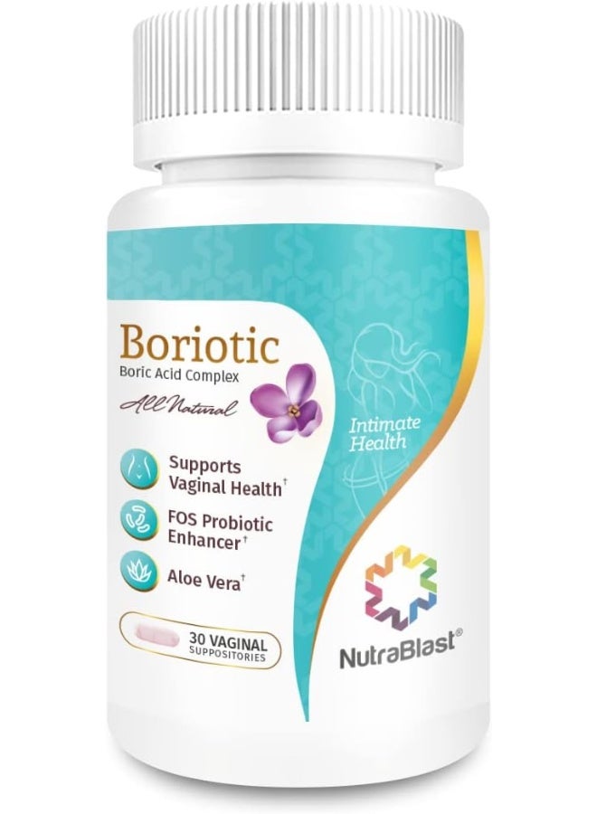 NutraBlast Boric Acid Vaginal Suppositories Complex w/Aloe Vera & FOS Prebiotic Enhancer | All Natural Boriotic | Made in USA (30 Count) - Image 1