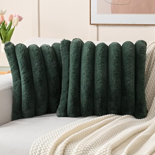 FUTEI Dark Green Decorative Throw Pillow Covers 18x18 Inch Set of 2 Square Soft Faux Rabbit Fur Thick Striped Cushion CoverSpring Home Decor for Couch Bed Living Room - Image 1