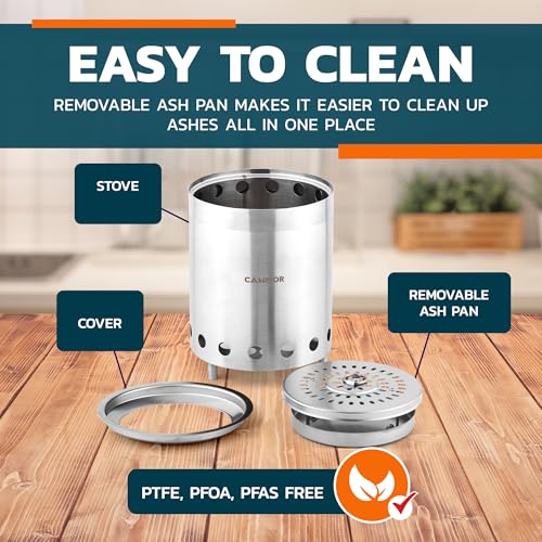 Campior Wood Burning Fire Pit Stove - Smokeless Outdoor Stove for Efficient Wood Fires, Camping, Cooking, and Garden Gatherings, Durable, Stainless Steel with Removable Ash Pan, Stand and Carry Bag - Image 4