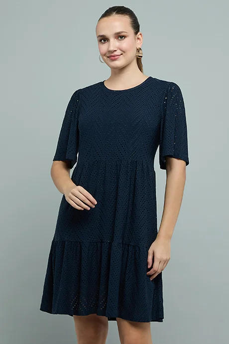 أر أند بي Schiffli Tiered Dress with Crew Neck and Short Sleeves