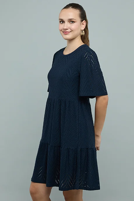أر أند بي Schiffli Tiered Dress with Crew Neck and Short Sleeves