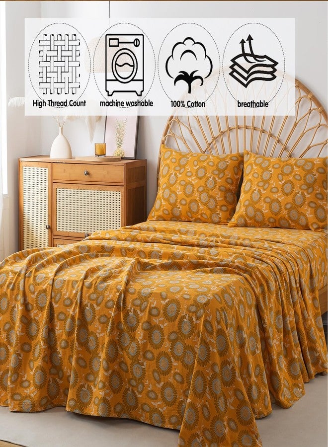 فادفاي طقم ملاءات سرير كينج من فادفاي، مصنوع من القطن الخالص ١٠٠٪، بنقشة زهور، وجيب عميق، ونمط عباد الشمس الفاخر، بتصميم ريفي عتيق، مكون من ٤ قطع. - Image 4