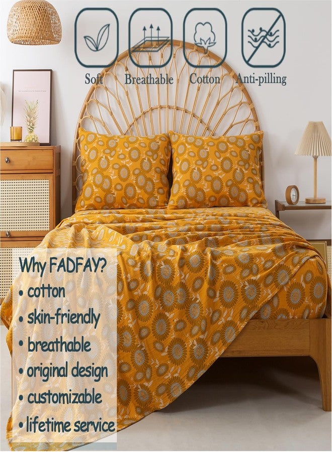 فادفاي طقم ملاءات سرير كينج من فادفاي، مصنوع من القطن الخالص ١٠٠٪، بنقشة زهور، وجيب عميق، ونمط عباد الشمس الفاخر، بتصميم ريفي عتيق، مكون من ٤ قطع. - Image 2