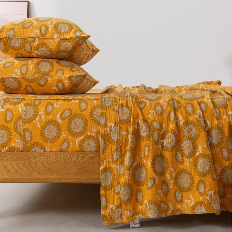 فادفاي طقم ملاءات سرير كينج من فادفاي، مصنوع من القطن الخالص ١٠٠٪، بنقشة زهور، وجيب عميق، ونمط عباد الشمس الفاخر، بتصميم ريفي عتيق، مكون من ٤ قطع. - Image 1