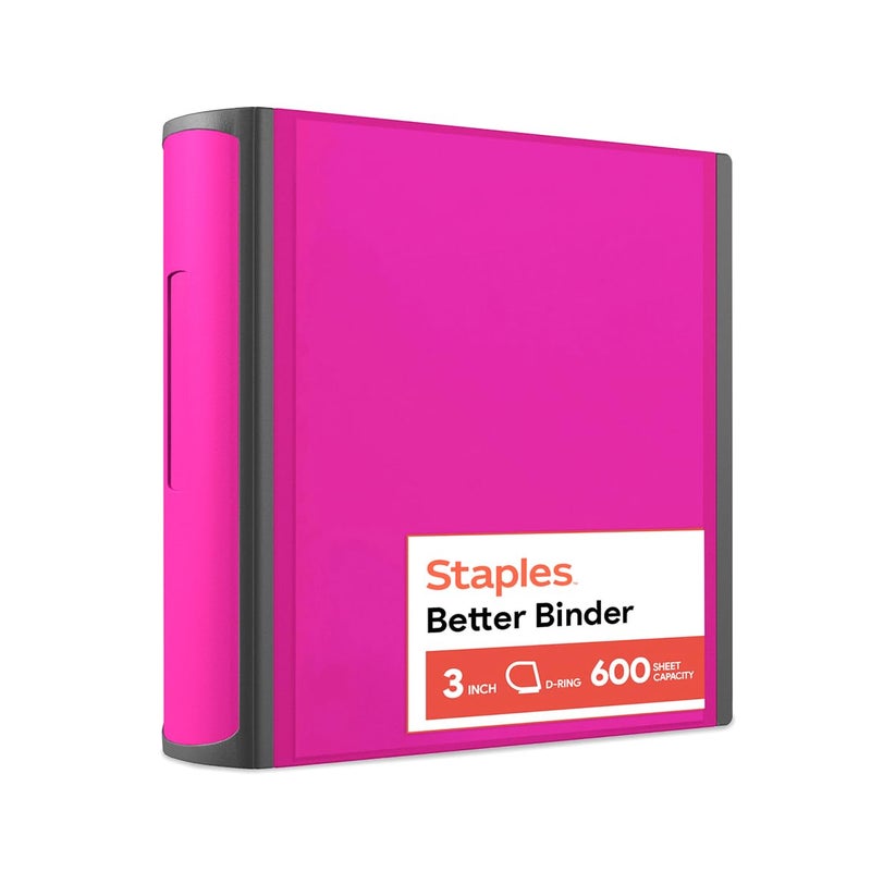 Staples Heavy-Duty 3-Inch D-Ring Binder, Pink â€“ Large Capacity 3-Ring Binder, Holds Up to 600 Sheets for School & Office - Image 1