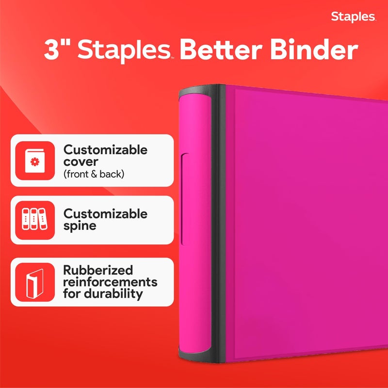 Staples Heavy-Duty 3-Inch D-Ring Binder, Pink â€“ Large Capacity 3-Ring Binder, Holds Up to 600 Sheets for School & Office - Image 2