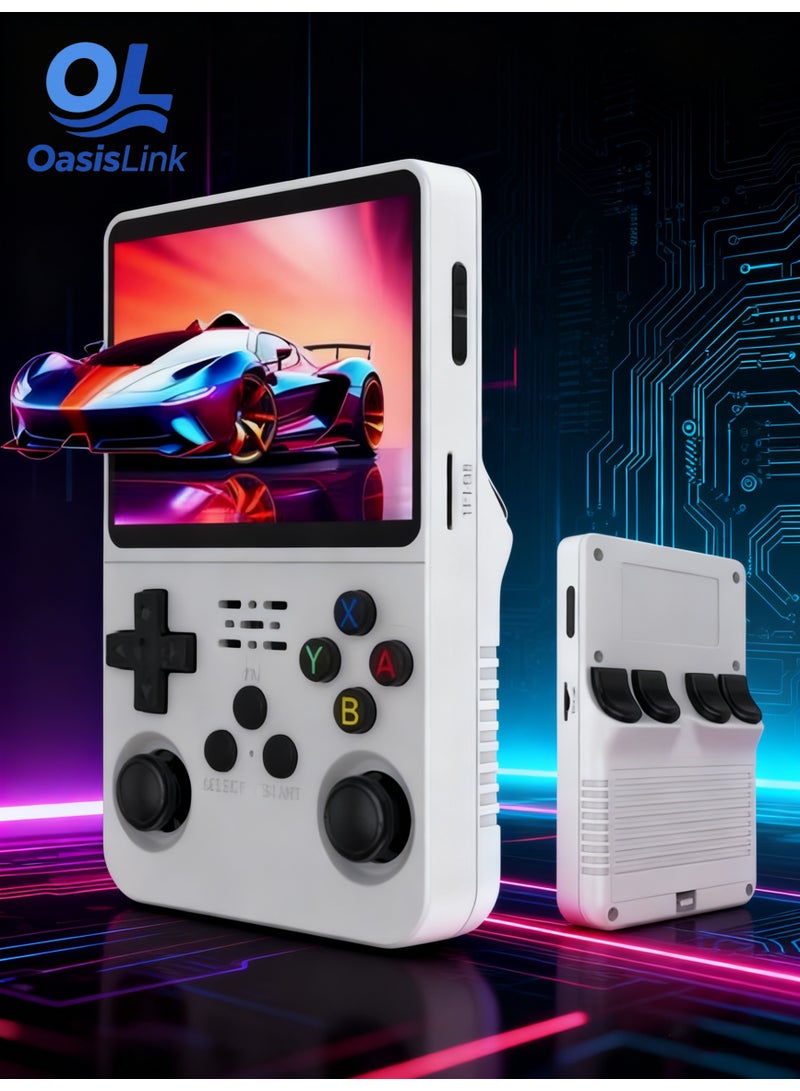 أواسيس لينك وحدة تحكم ألعاب فيديو ريترو R36S محمولة بنظام لينكس مع بطاقة TF سعة 64 جيجابايت، أكثر من 20000 لعبة، وحدة تحكم ألعاب فيديو ريترو بشاشة IPS مقاس 3.5 بوصة، بيضاء - Image 1