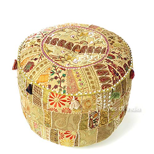 Eyes of India  Embroidered Patchwork Round Ottoman Pouf Pouffe Cover Floor Seating Boho Chic Bohemian Accent Indian Handmade Light Brown 22 x 12 Inch