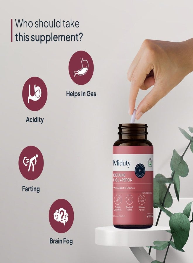 miduty مكمل غذائي متوسط القوة من البيتايين هيدروكلوريد والبيبسين لتحسين الهضم، والحد من الحموضة، ودعم صحة الجهاز الهضمي والمعدة بشكل طبيعي - 60 كبسولة - Image 3