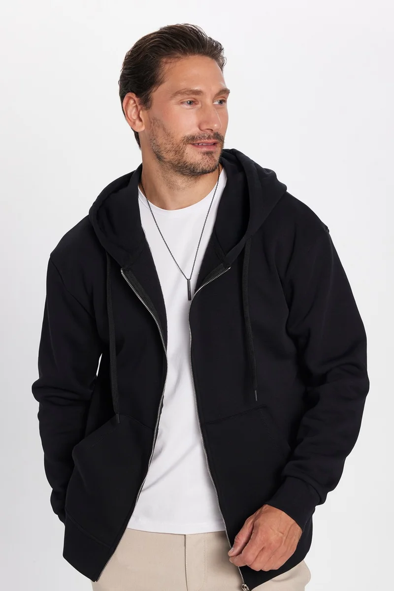 تودورس Unisex Relax Fit Comfortable Cut Cotton Fleece Lined Double Pocket Full Zipper Black Hooded Sweatshirt
