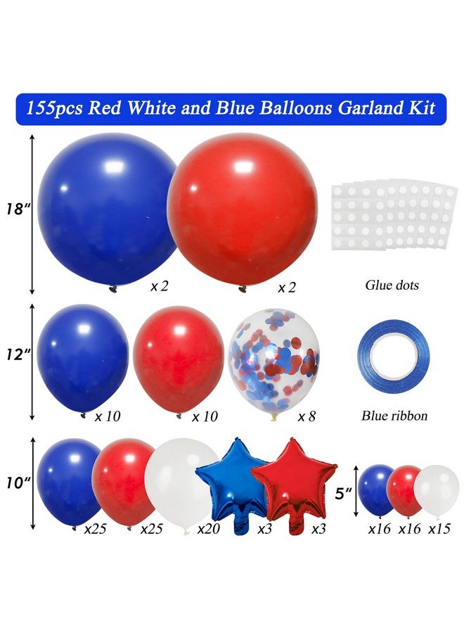 RUBFAC 155pcs Red White and Blue Balloons Garland Arch Kit, 4th of July Balloons Patriotic Decorations, Birthday Wedding Nautical Patriotic Baseball Theme with Star Foil Balloons Decorations - Image 2
