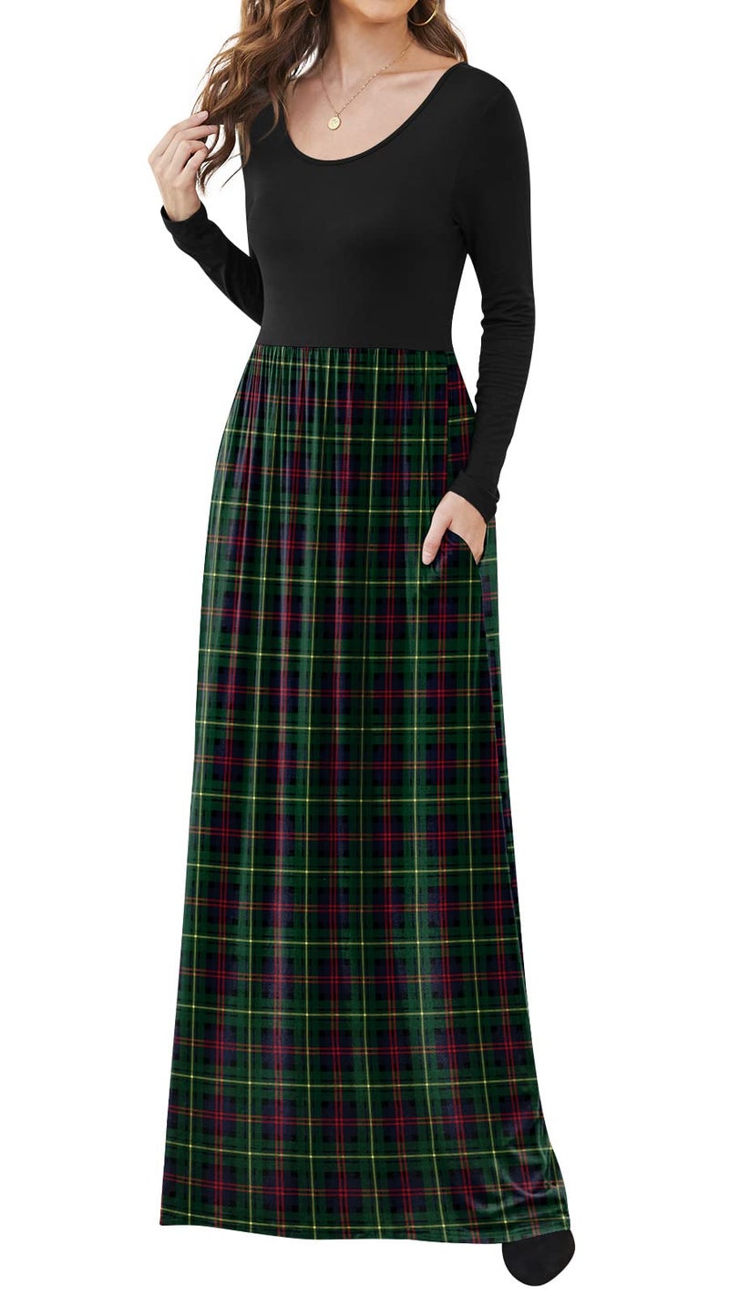 DB MOON Women Casual Long Sleeve Green Plaid Maxi Dresses Empire Waist Long Dress with Pockets S - Image 2