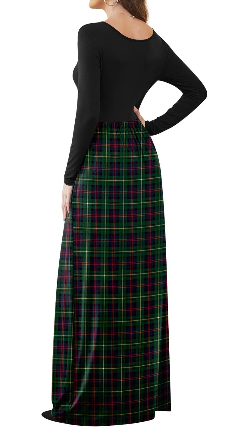 DB MOON Women Casual Long Sleeve Green Plaid Maxi Dresses Empire Waist Long Dress with Pockets S - Image 3