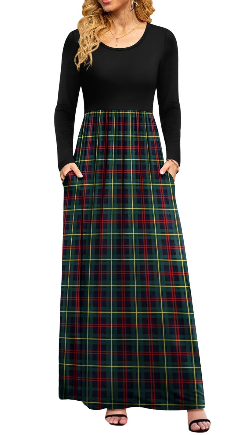 DB MOON Women Casual Long Sleeve Green Plaid Maxi Dresses Empire Waist Long Dress with Pockets S - Image 1