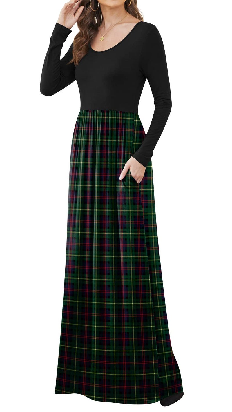 DB MOON Women Casual Long Sleeve Green Plaid Maxi Dresses Empire Waist Long Dress with Pockets S - Image 4