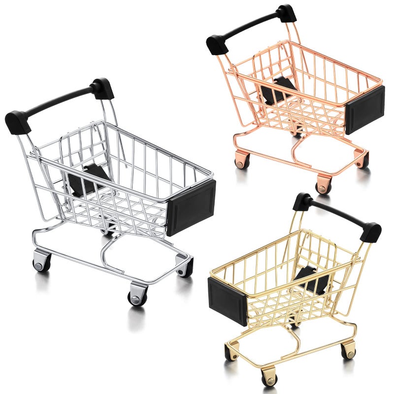 Hotop 3 Pieces Mini Shopping Cart Small Supermarket Cart Metal Shopping Grocery Handcart Mode Utility Trolley Toys for Kids Desk Storage DecorSliverGoldRose Gold - Image 2