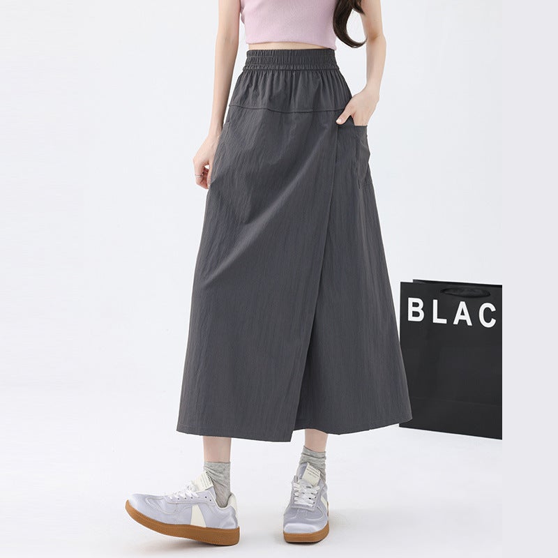 American Yamamoto Workwear Culottes for Women in Summer High-Waisted A-Line Slit Hip-Covering Skirt for Small People Ice Silk Wide-Leg Pants Dark gray hakama genuine brand quality assurance
