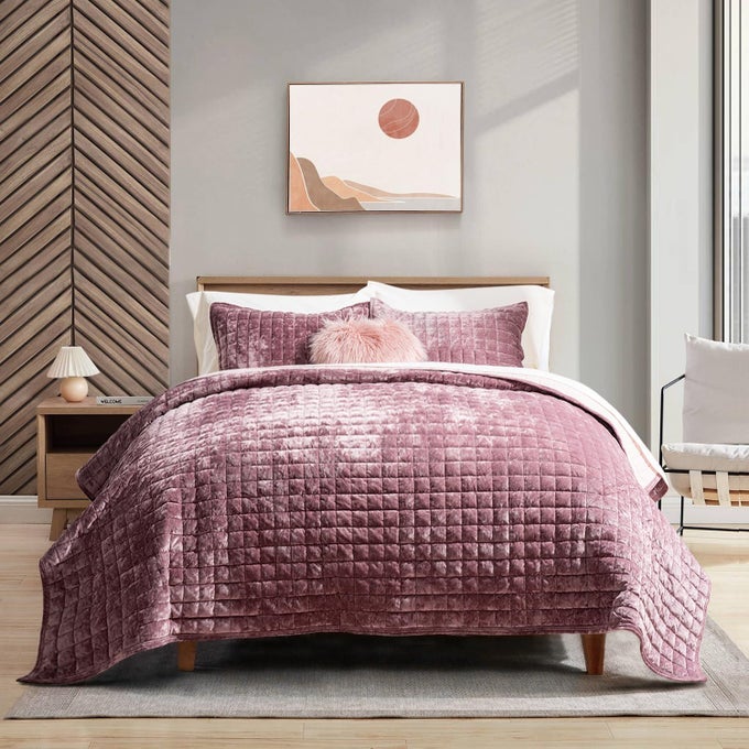 LUXURY VELVET QUILT SET FULL QUEEN SIZE LIGHTWEIGHT VELVET COMFORTER SET OVERSIZED BEDSPREAD COVERLET QUILTED BEDDING SET WITH 2 MATCHING PILLOW SHAMS FOR ALL SEASON DUSTY MAUVE PINK