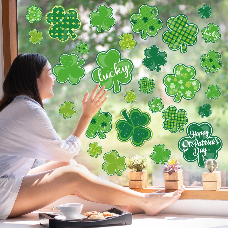 Whaline 9 Sheets St. Patrick's Day Window Clings Green Shamrock Window Decals Double-Sided Lucky Clover Window Decor for Irish Holiday Home School Office Classroom - Image 4