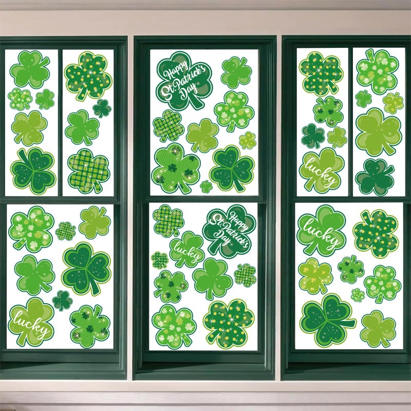 Whaline 9 Sheets St. Patrick's Day Window Clings Green Shamrock Window Decals Double-Sided Lucky Clover Window Decor for Irish Holiday Home School Office Classroom - Image 1