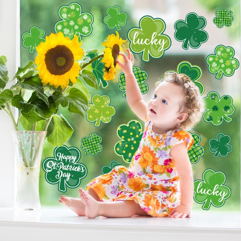 Whaline 9 Sheets St. Patrick's Day Window Clings Green Shamrock Window Decals Double-Sided Lucky Clover Window Decor for Irish Holiday Home School Office Classroom - Image 2