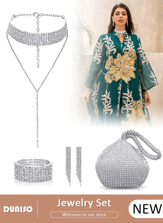DUNISO 4Pcs Jewelry Set with Clutch Purse, Deluxe Bag for Light Luxury Dinner Party, Bridal Wedding Choker Bracelet, Luxury Necklace Earrings Bracelet, Women Rhinestone Evening Clutch Bag - Image 1