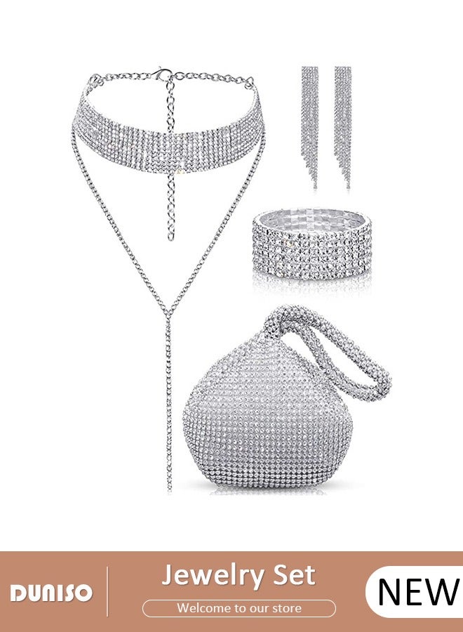 DUNISO 4Pcs Jewelry Set with Clutch Purse, Deluxe Bag for Light Luxury Dinner Party, Bridal Wedding Choker Bracelet, Luxury Necklace Earrings Bracelet, Women Rhinestone Evening Clutch Bag  - Image 1