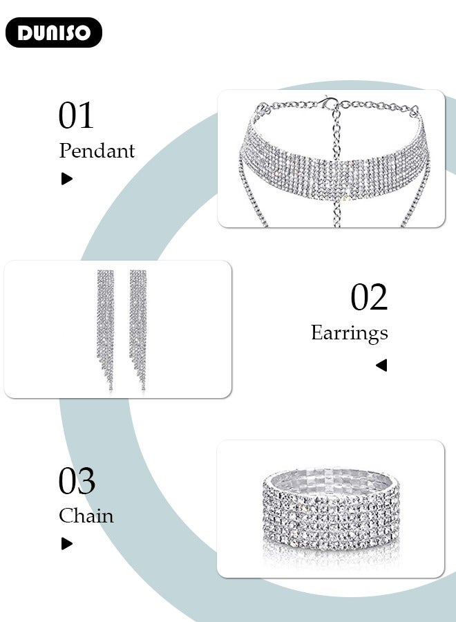 DUNISO 4Pcs Jewelry Set with Clutch Purse, Deluxe Bag for Light Luxury Dinner Party, Bridal Wedding Choker Bracelet, Luxury Necklace Earrings Bracelet, Women Rhinestone Evening Clutch Bag  - Image 2