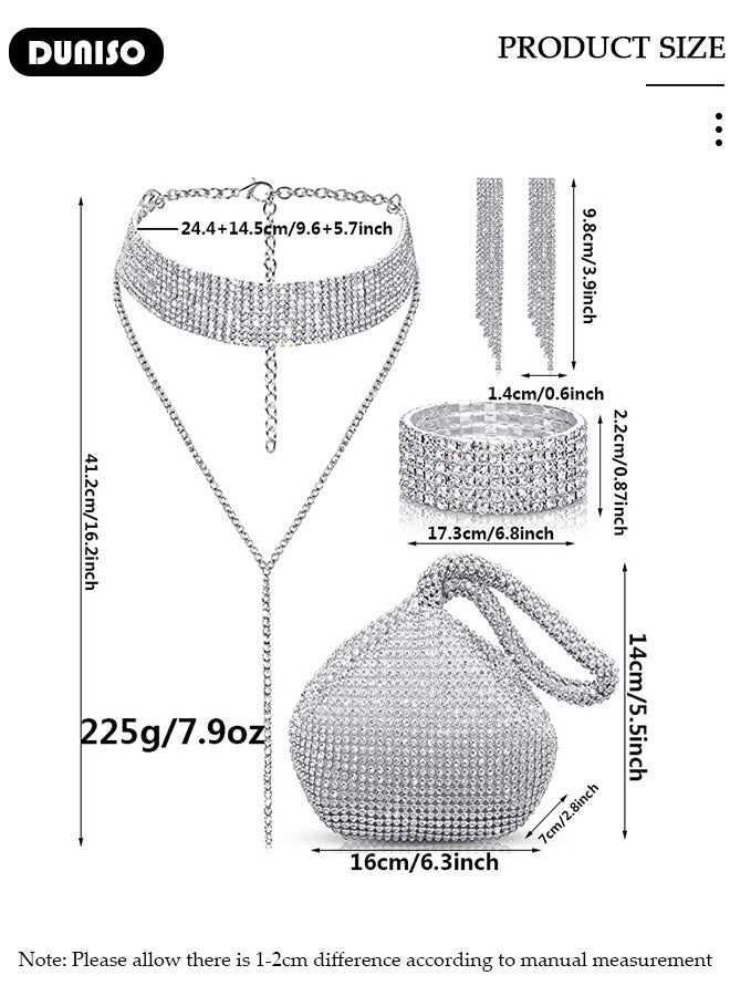 DUNISO 4Pcs Jewelry Set with Clutch Purse, Deluxe Bag for Light Luxury Dinner Party, Bridal Wedding Choker Bracelet, Luxury Necklace Earrings Bracelet, Women Rhinestone Evening Clutch Bag  - Image 4