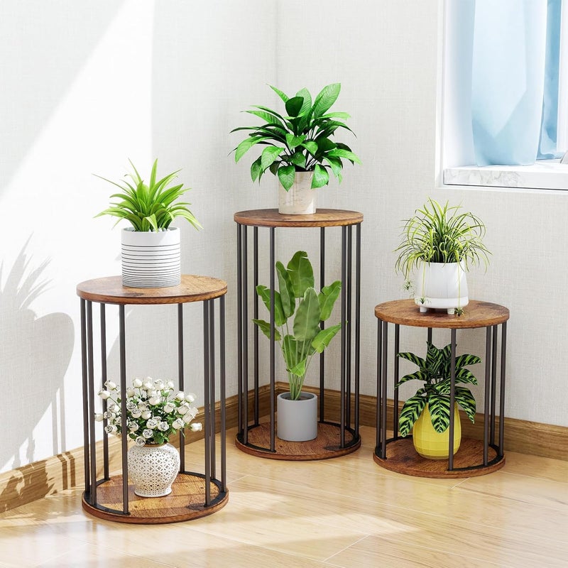 HDANI 35cm Round Metal Plant Stand,Small Plant Stool,Sturdy and Robust Flower Stand for Living Room, Garden, Balcony, Flower Stool Wooden,Vintage Brown and Black - Image 5