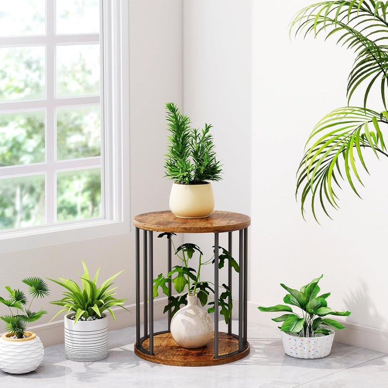 HDANI 35cm Round Metal Plant Stand,Small Plant Stool,Sturdy and Robust Flower Stand for Living Room, Garden, Balcony, Flower Stool Wooden,Vintage Brown and Black - Image 3