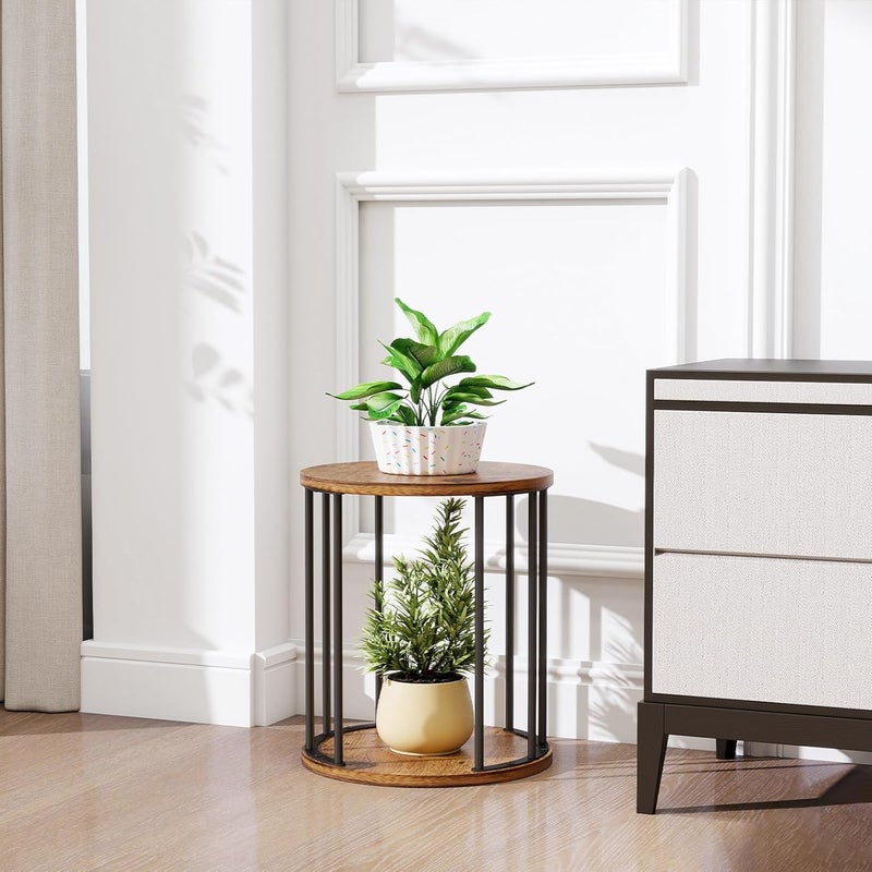 HDANI 35cm Round Metal Plant Stand,Small Plant Stool,Sturdy and Robust Flower Stand for Living Room, Garden, Balcony, Flower Stool Wooden,Vintage Brown and Black - Image 2