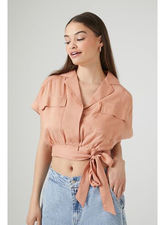 FOREVER 21 بلوزة قصيرة من قماش شامبراي برباط على الحافة - Image 1