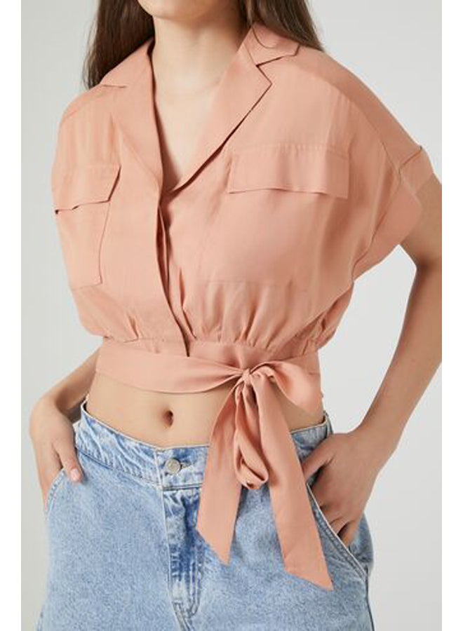 FOREVER 21 بلوزة قصيرة من قماش شامبراي برباط على الحافة - Image 5