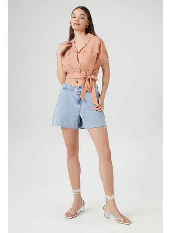 FOREVER 21 بلوزة قصيرة من قماش شامبراي برباط على الحافة - Image 4