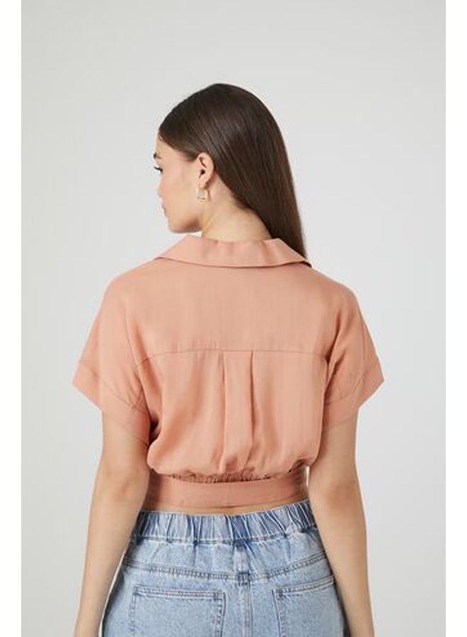 FOREVER 21 بلوزة قصيرة من قماش شامبراي برباط على الحافة - Image 3