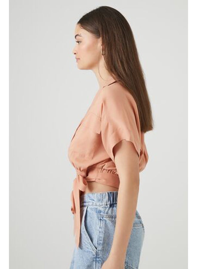 FOREVER 21 بلوزة قصيرة من قماش شامبراي برباط على الحافة - Image 2